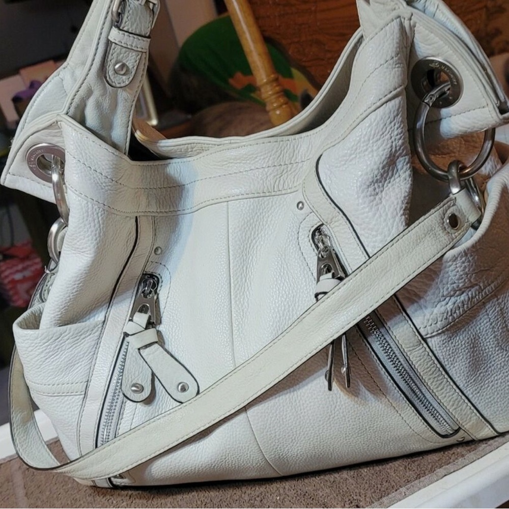 Genuine leather bag by B. Makowsky (lilac/cream with leopard lining)